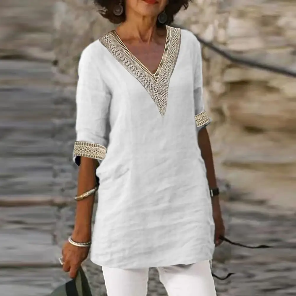 

Cotton Linen Women Summer Blouse Top Short Sleeve Lace V-neck Hollow Out Mid Length Pullover Lady Summer T-shirt Female Clothes