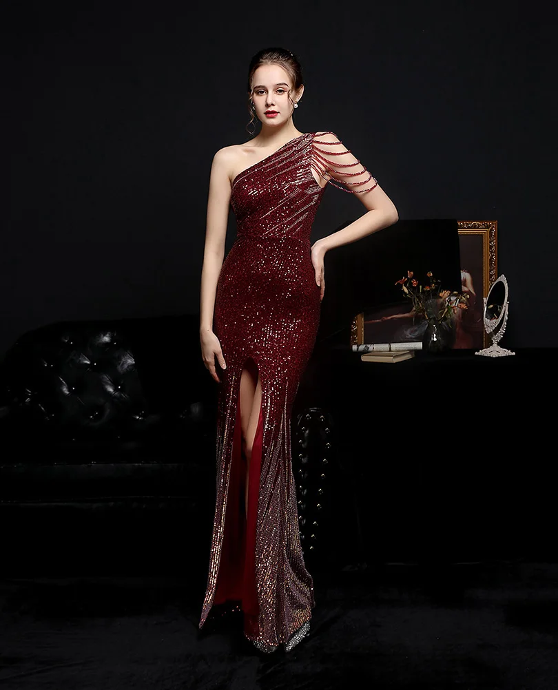 DEERVEADO One Shoulder Split Evening Dress Long Sequins Mermaid Formal Dress Women Bodycon Beaded Maxi Dress Party Evening Gown red evening gowns