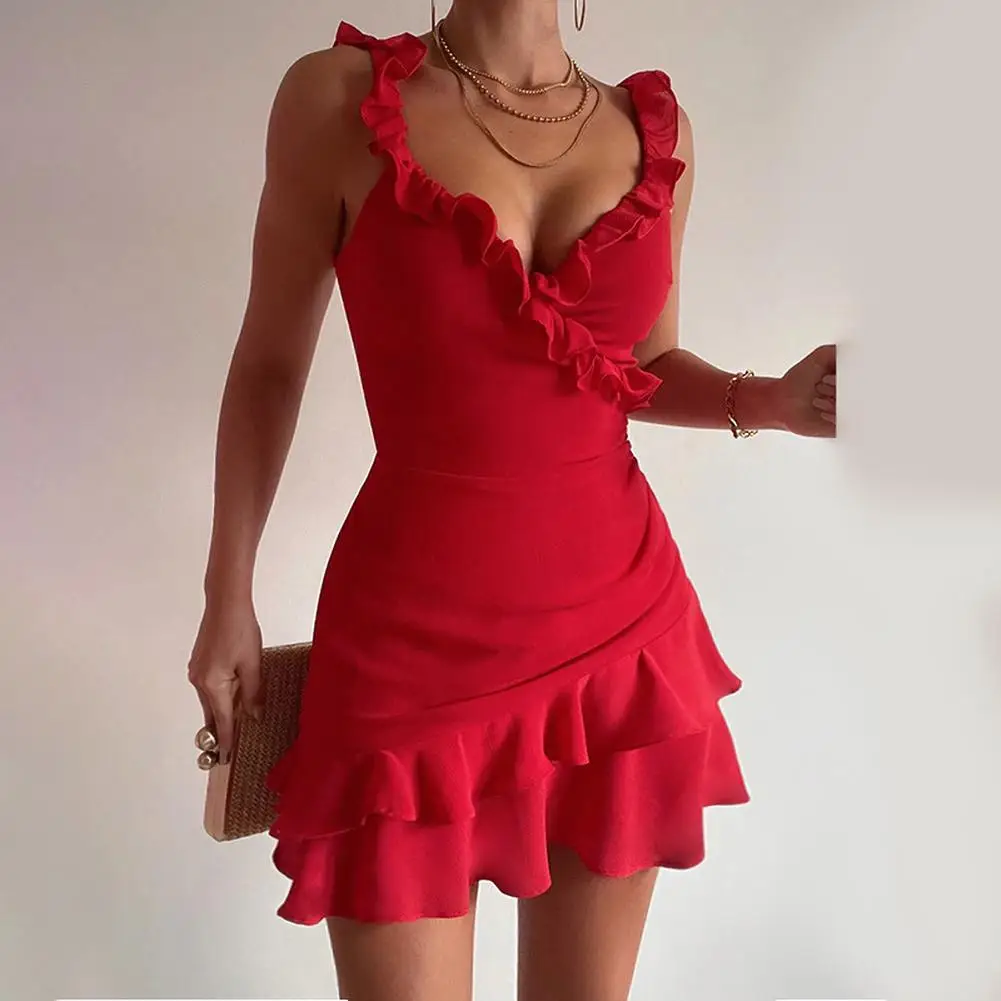

Women's Sleeveless Mini Dresses Summer V-neck Low Cut Short Skirts Casual Solid Color Ruffle Hem Wrap Dresses