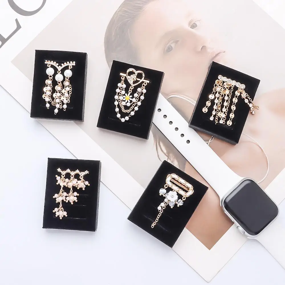 

For Apple Watch Band Diamond Pearl Ornament Metal Charms Decorative Ring Creative Chain Smart Watch Silicone Strap Accessories