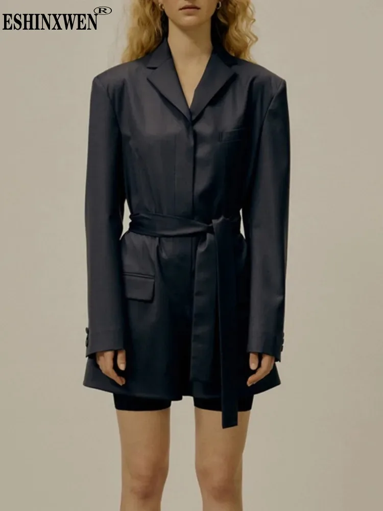 

Eshin Notched Collar Long Sleeve Dark Black Jumpsuit Blazer Lace-up Patchwork Coats For Women 2023 Autumn Fashion New TH5635