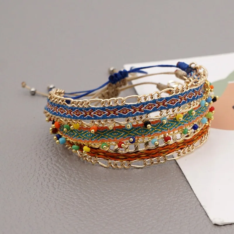 

Retro Folk Hand-woven Bohemian Couple Bracelet with Colored Beaded Gold Chain