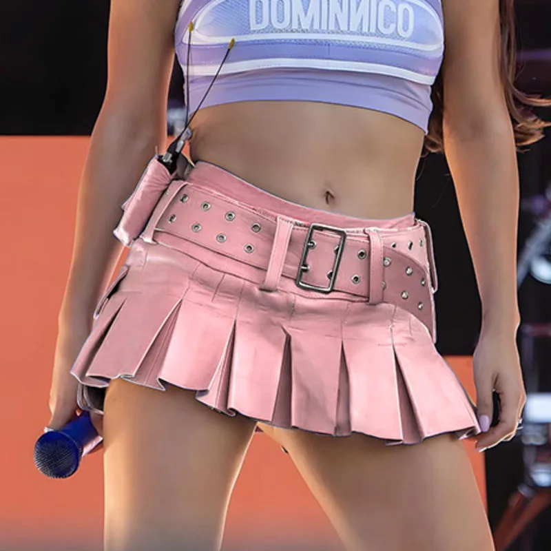 

CINESSD Punk Motorcycle Style Spicy Female Women's Half Skirt 2024 Summer Pink Street Leather Pocket Belt Pleated Chic WS237