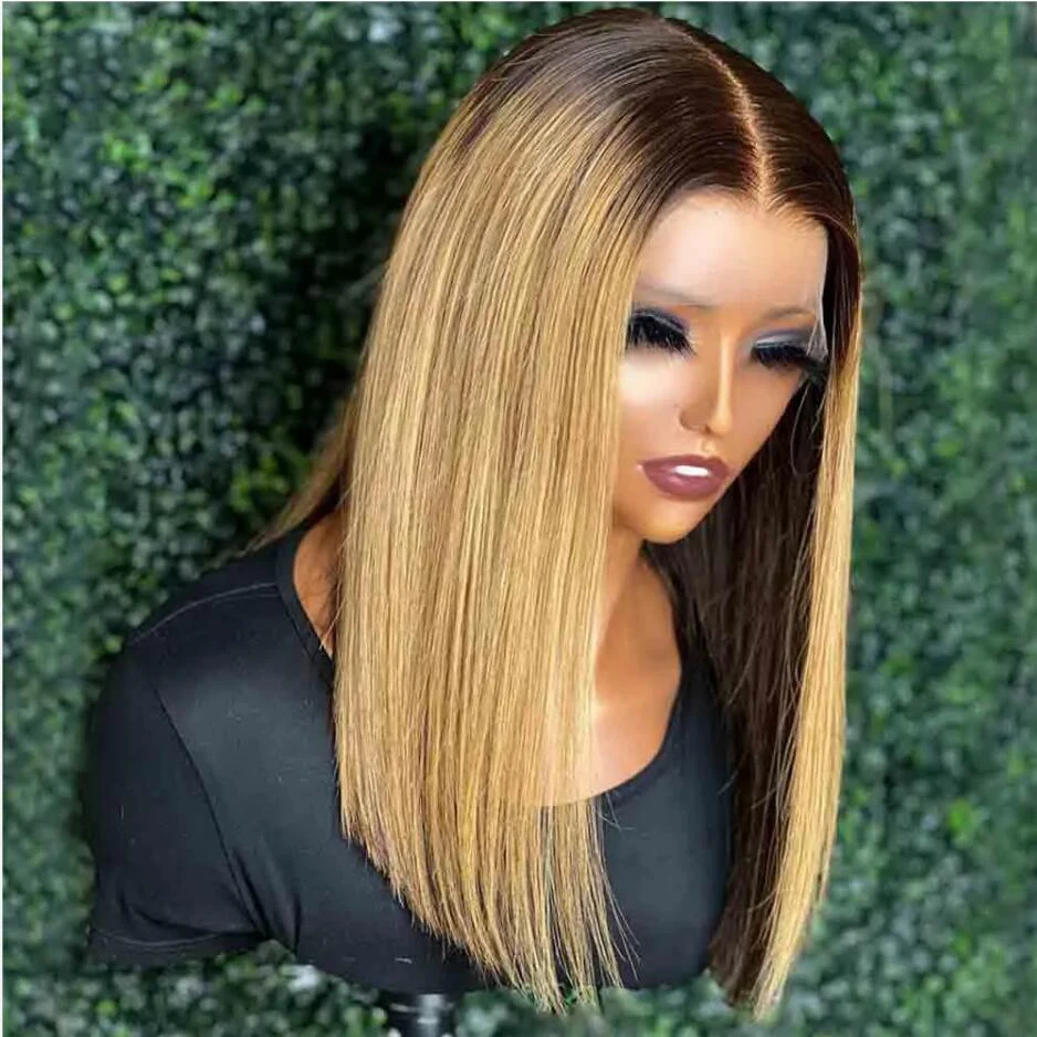 

Ombre Honey Blonde Soft Short Bob Silky Straight 180Density Lace Front Wig for Black Women BabyHair Glueless Preplucked Daily