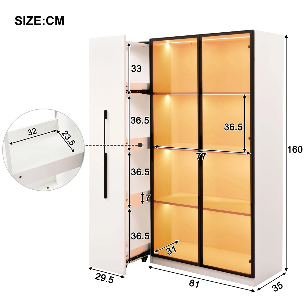 110,5×35×160 cm große Multifunktionsvitrine mit Glastür und LED, Seitenschublade, Bücherregal, Badezimmerschrank, Wohnzimmerschrank – Detail 19