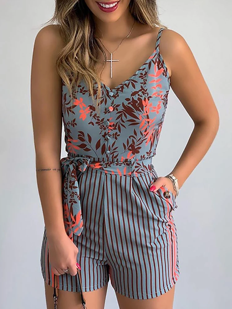 Summer Women Leaf Print Rompers Casual Slim V-Neck Sleeveless Bow Belt Jumpsuits Fashion Female Bodycon Short Playsuits Overalls