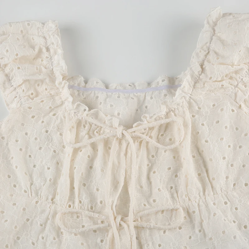 Jacquard Hollow Out Lace-up Cute Top Y2K Girls Short Sleeve Fitted Tee Shirt Ruffles Detail Square Collar Tops Women