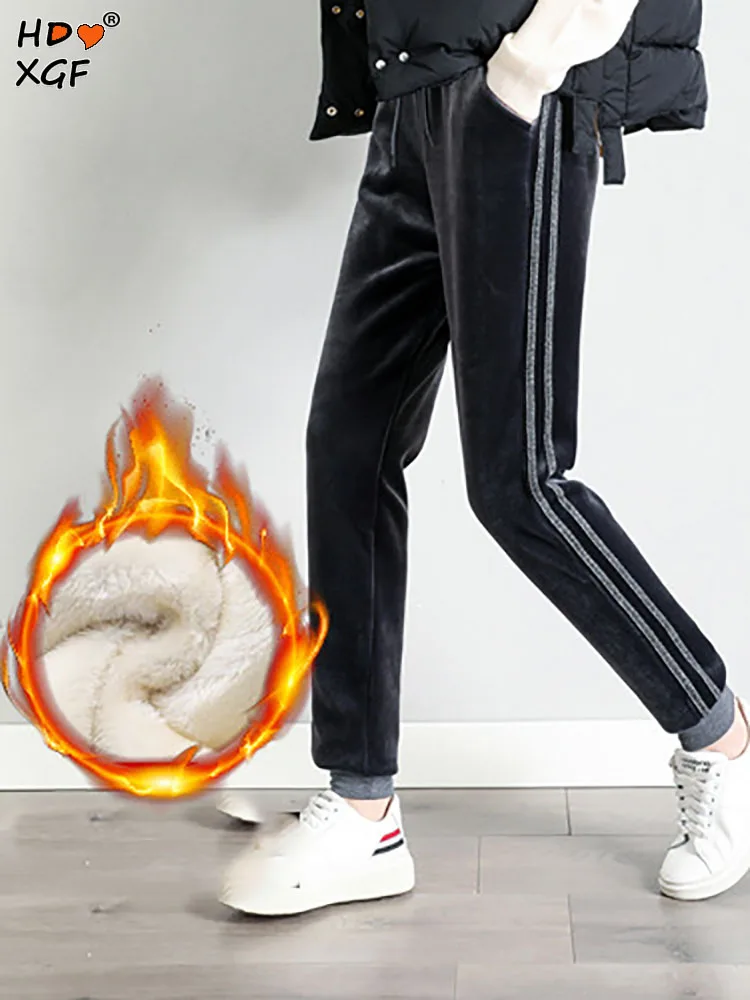 

Women Plus Velvet Thickening Winter Sweatpants Simple Drawstring Elastic High Waist Warm Trousers All-match Plus Size Baggy Pant
