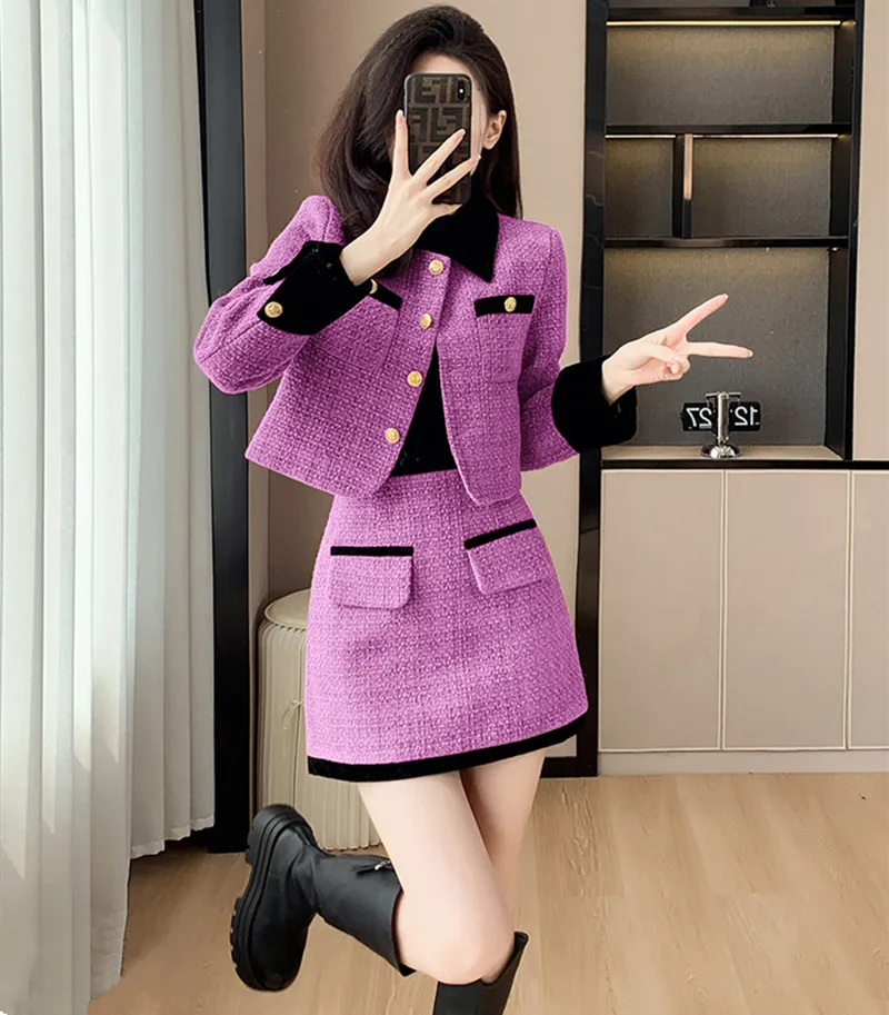 

High Quality French Vintage Small Fragrant Two Piece Set Women Jacket Coat +Mini Skirt Suits Elegant Fashion Sweet 2 Piece Sets