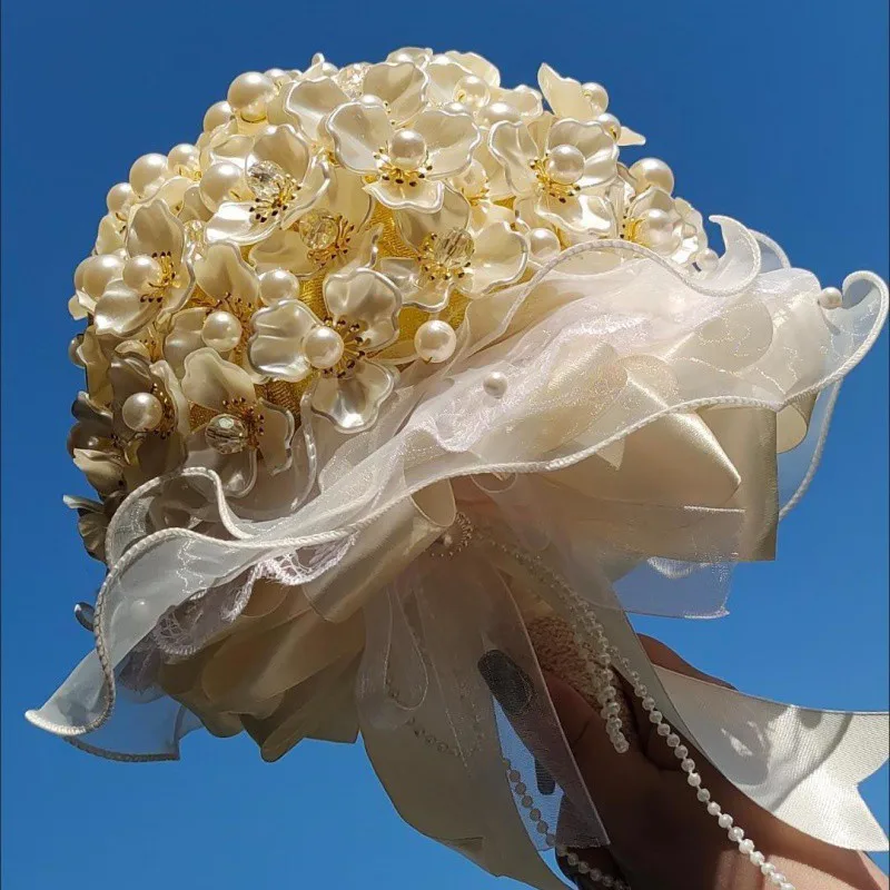 Elegant Bridal Bouquets With Pearls Handmade Flowers Bouquet Ribbon Handle Wedding Accessories Wedding Gifts Photo Props