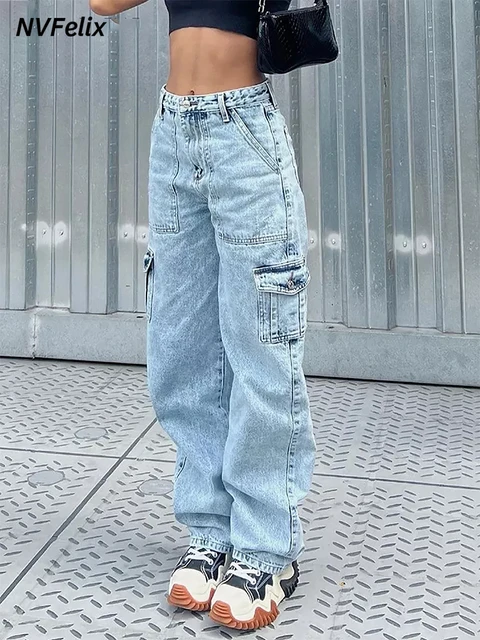 Cargo Pants Women High Waisted Jeans Full Length Wide Leg Loose Light Blue  Jeans Streetwear Vintage Pockets Trousers Autumn New - AliExpress