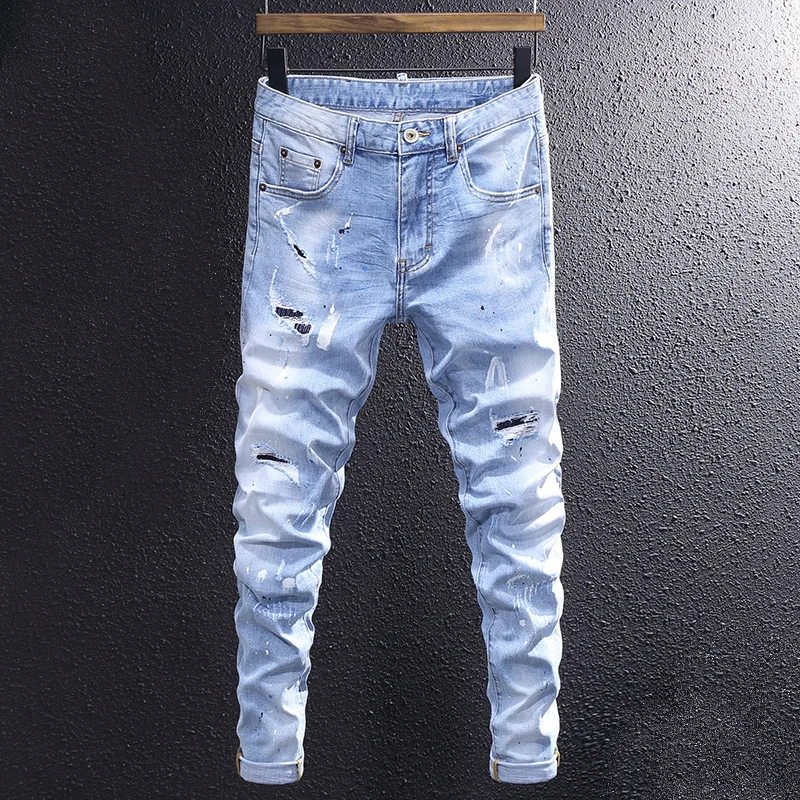 Street Fashion Men Jeans Retro Light Blue Slim Fit Elastic Hole Ripped Jeans Men Stretch Trousers Painted Designer Hip Hop Pants