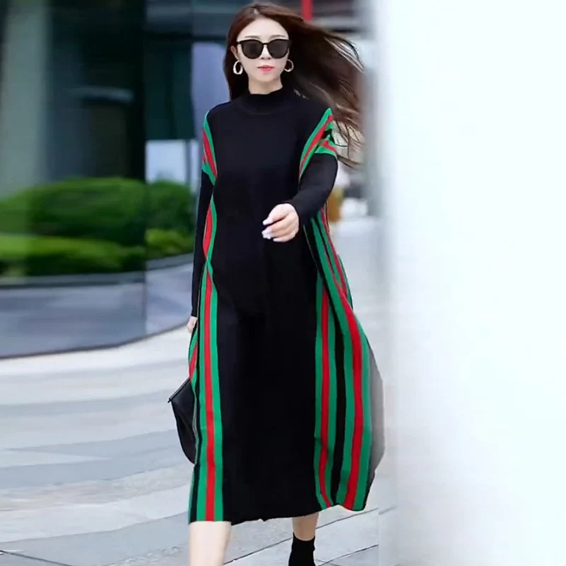 

2023 Autumn Winter Long Sleeve Half High Collar Design Color Blocking Senior Sense Knitting Ice Silk Dress Women Free Shipping