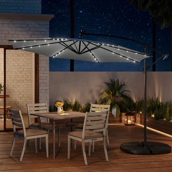 Modern Outdoor Cantilever Parasol 32 LED Lighted Patio Parasol with Crank Lift System Solar Lighted Parasol Without Base