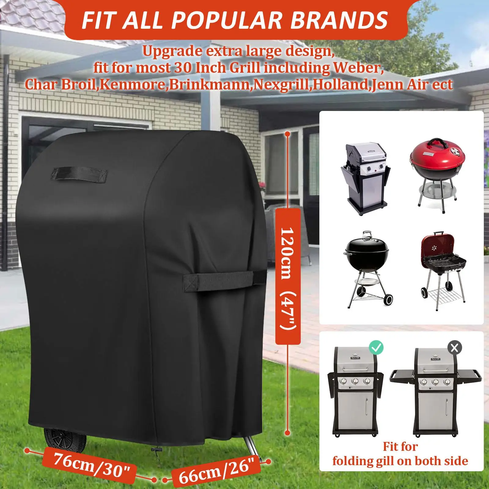 BBQ Grill Cover 30x25x47" Heavy Duty Waterproof UV Resistant Outdoor Protector