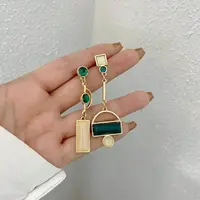 Gold-Toned Asymmetrical Resin Stone Drop Earrings with Green Beads and Geometric Design 6