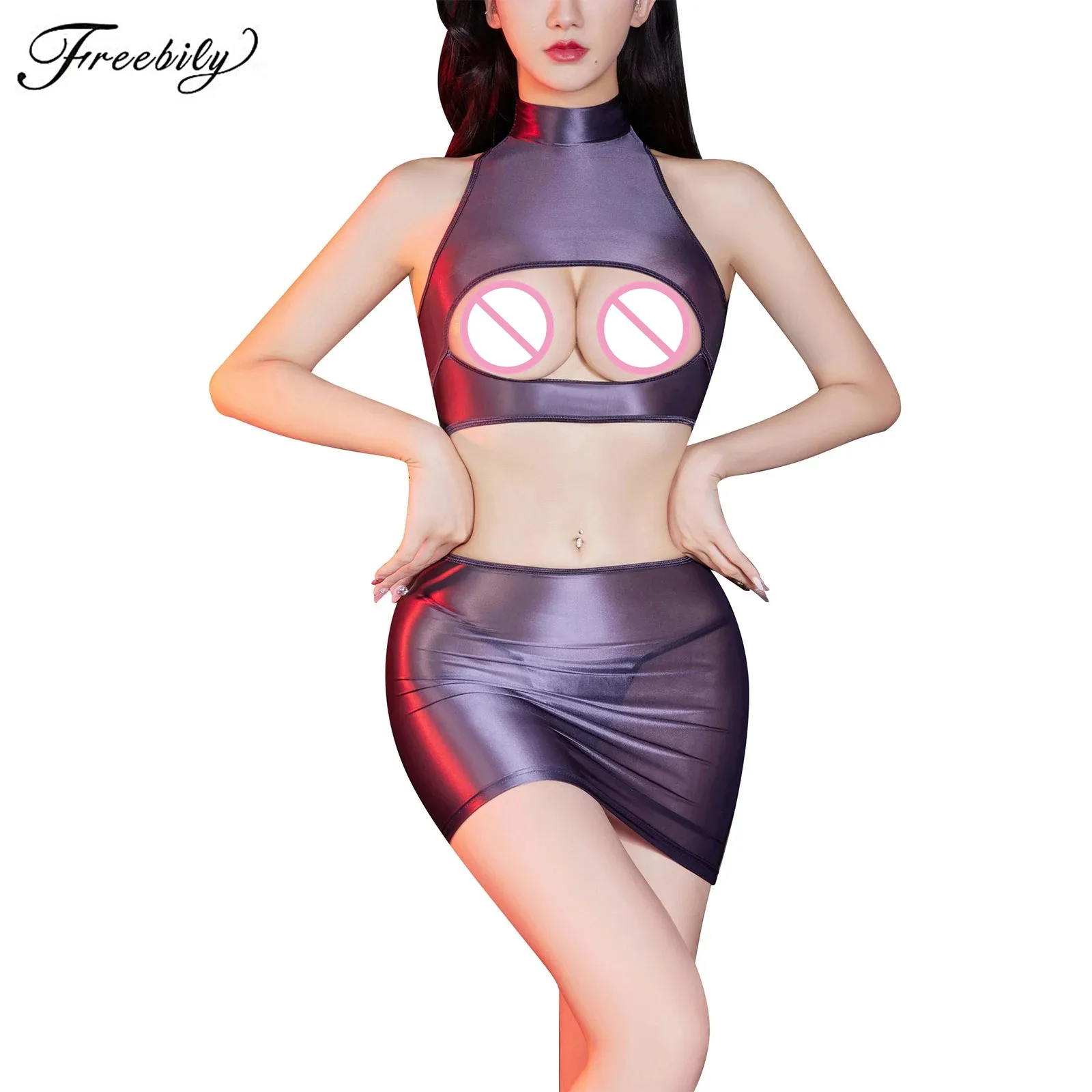 

Women Open Breast Party Set See-Through Lingerie Set Mock Neck Top And Leaky Butt Wrap Skirt Thong Set for Role Play Nightclub