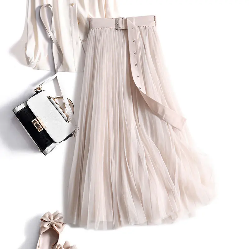 

Matching Belt Mesh Half-length Dress for Women Spring and Summer Medium Length A-Line Pleated Dress for Fairy Drop Swing Skirt