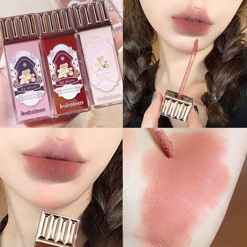 Cute Bear Velvet Matte Lip Gloss Long Lasting Nude Brown Lipstick Lip Makeup Donna Beauty Red Antiaderente Cup Waterproof Lip Gloss