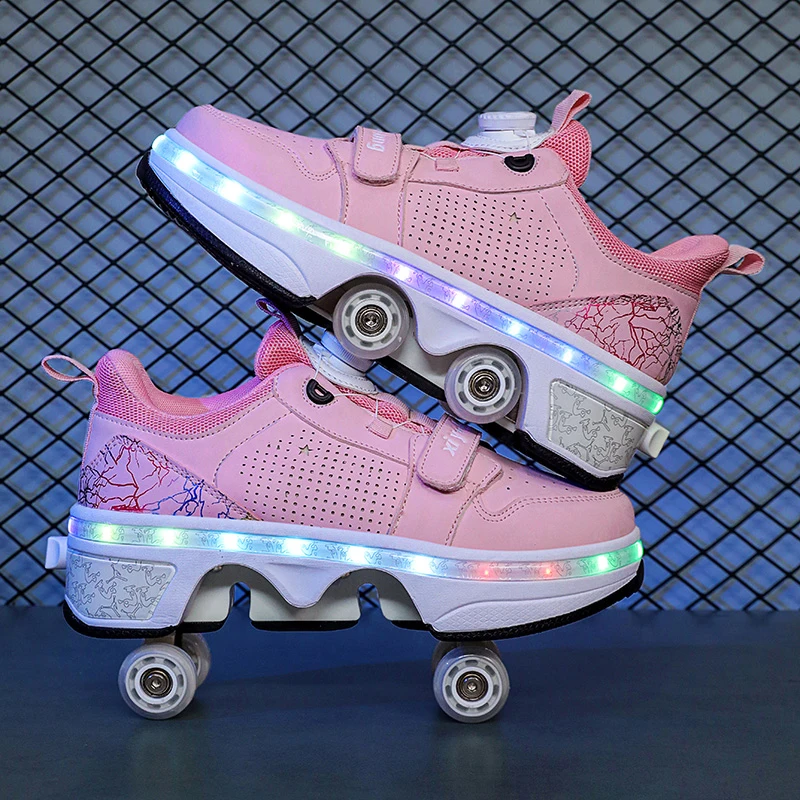 LED Light Deform Wheel Skates Roller Skate Shoes With 4-Wheel  Deformation Parkour Runaway Sneakers Children Adult Rounds Walk