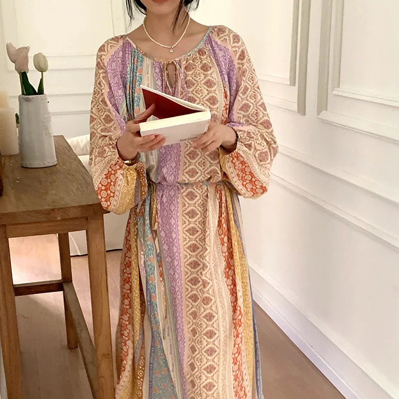 Female Bohemian Dresses Round Neck Long Sleeved Pajamas Floral Print Longuette Women's Clothing Thin Loose Cotton Silk Home Wea