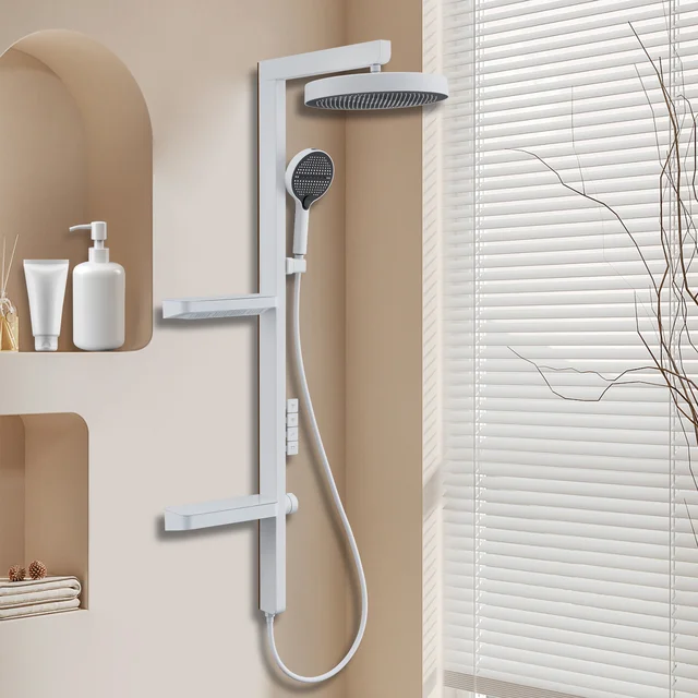 ชุดฝักบัวปรับอุณหภูมิและอุณหภูมิในห้องน้ำสีขาวติดผนังฝักบัวทำจากทองแดง ผลิตภัณฑ์ใหม่สีเทาเงินครัวเรือนห้องน้ำรับประกัน10ปีห้องอาบน้ำฝักบัวก๊อกน้ำอ่างอาบน้ำผสมแตะห้องอาบน้ำฝักบัวครบชุดที่มีชั้นเก็บ 1