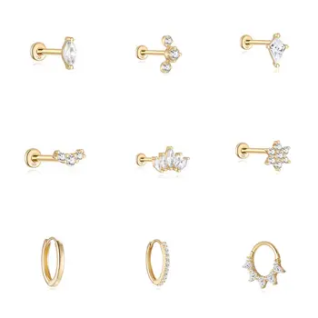 LENNIK 14K Pure Gold Earring Women European and American Fashion zircon Flat Head Piercing stud Smooth Earring jewelry gift 2