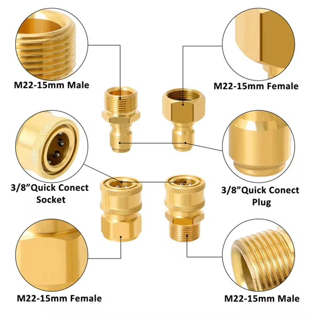 Pressure Washer Quick Disconnect Adaptor Set M22-15mm to 3/8 Quick Release Couplers for Attach Hose to The Water Pumps 5000 PSI 3