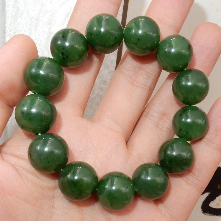 

18mm Green Nephrite Jade Bracelet Men Women Fine Jewelry Genuine Chinese Hetian Jades Stone Round Beads Elastic Bracelets Bangle
