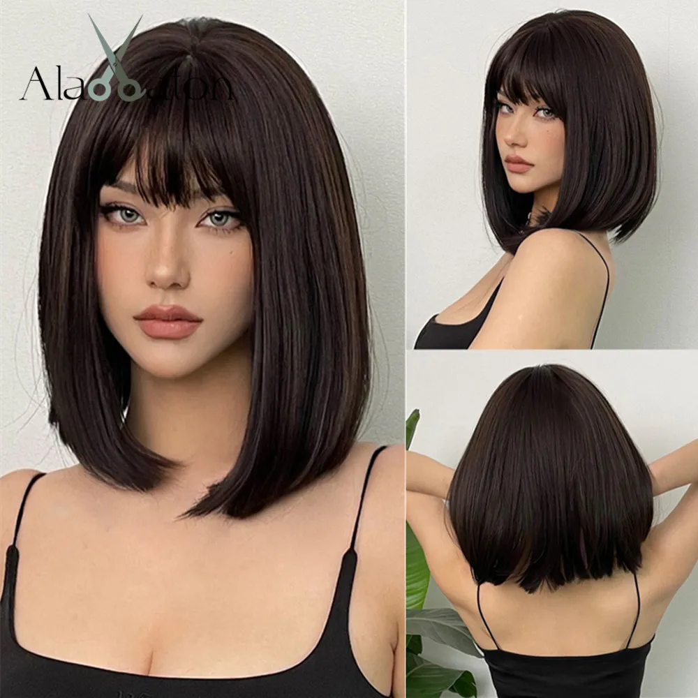 ALAN EATON Dark Brown Short Bob Synthetic Wigs with Bangs Medium Length Straight Wig Natural Looking Fake Hair for Women Daily