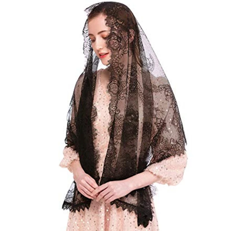 X7YC Lace Mantilla Veil 2 Colors Black and White Spanish Rose Lace Veil Head Covering Wraps bridal veil catholic church veil