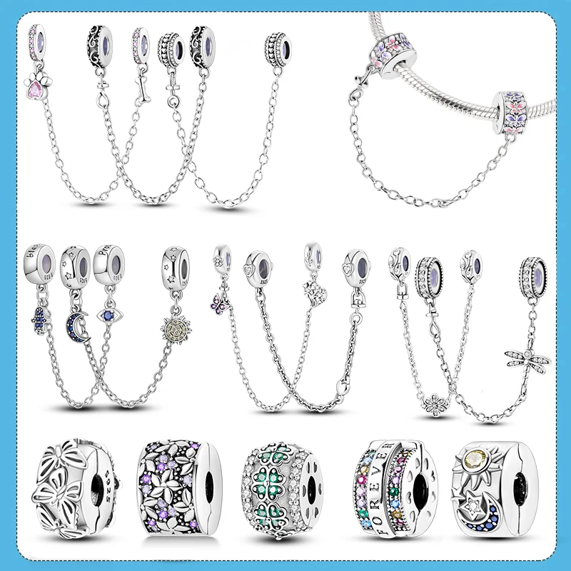 925 Sterling Silber Sonne Mond Clip Charms Perlen Blüten blätter Sicherheits kette fit Frauen DIY Armband Anhänger
