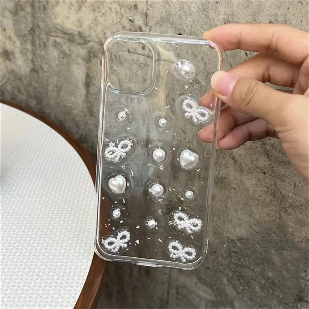 Elegant 3D Pearl Bowknot Silver Foil Clear Soft Phone Case