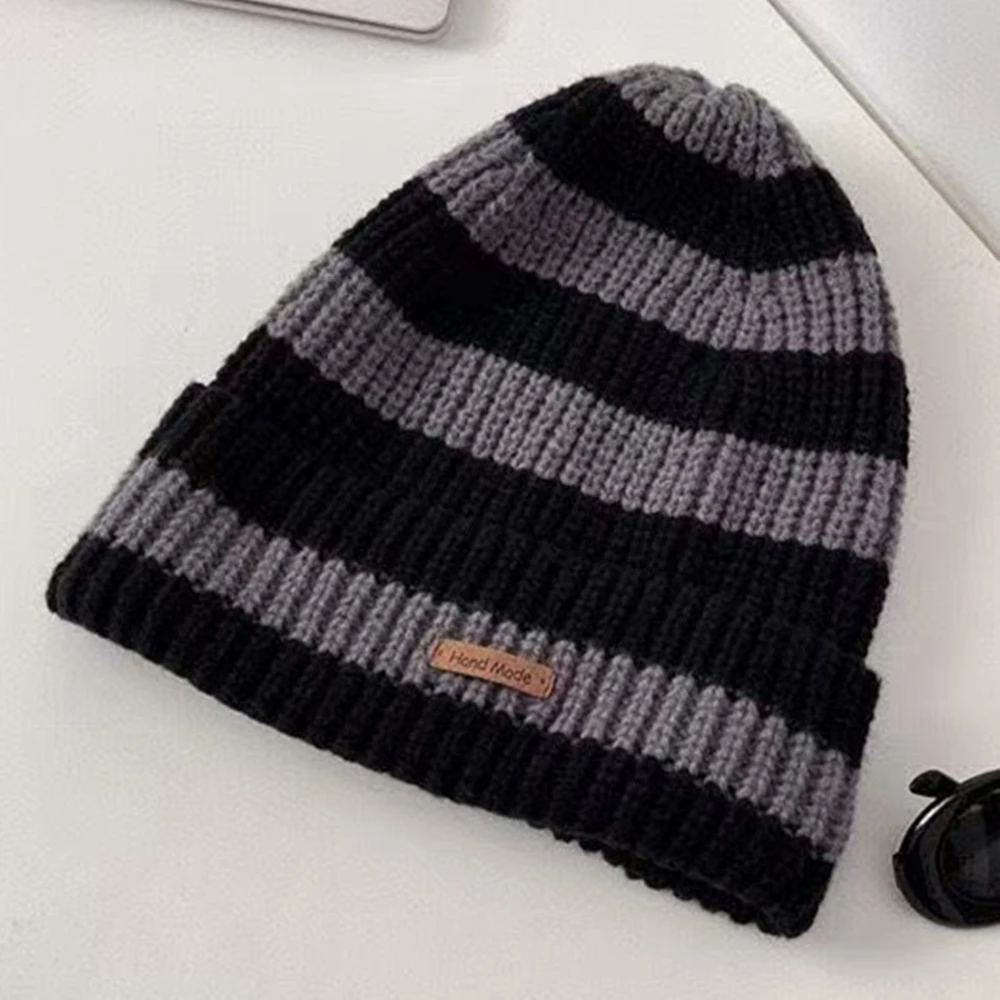 Hot Sale Women Slouchy Winter Hat Fashion Stripe Stitching Beanie Hat Soft Knit Hats Female Streetwear Cap