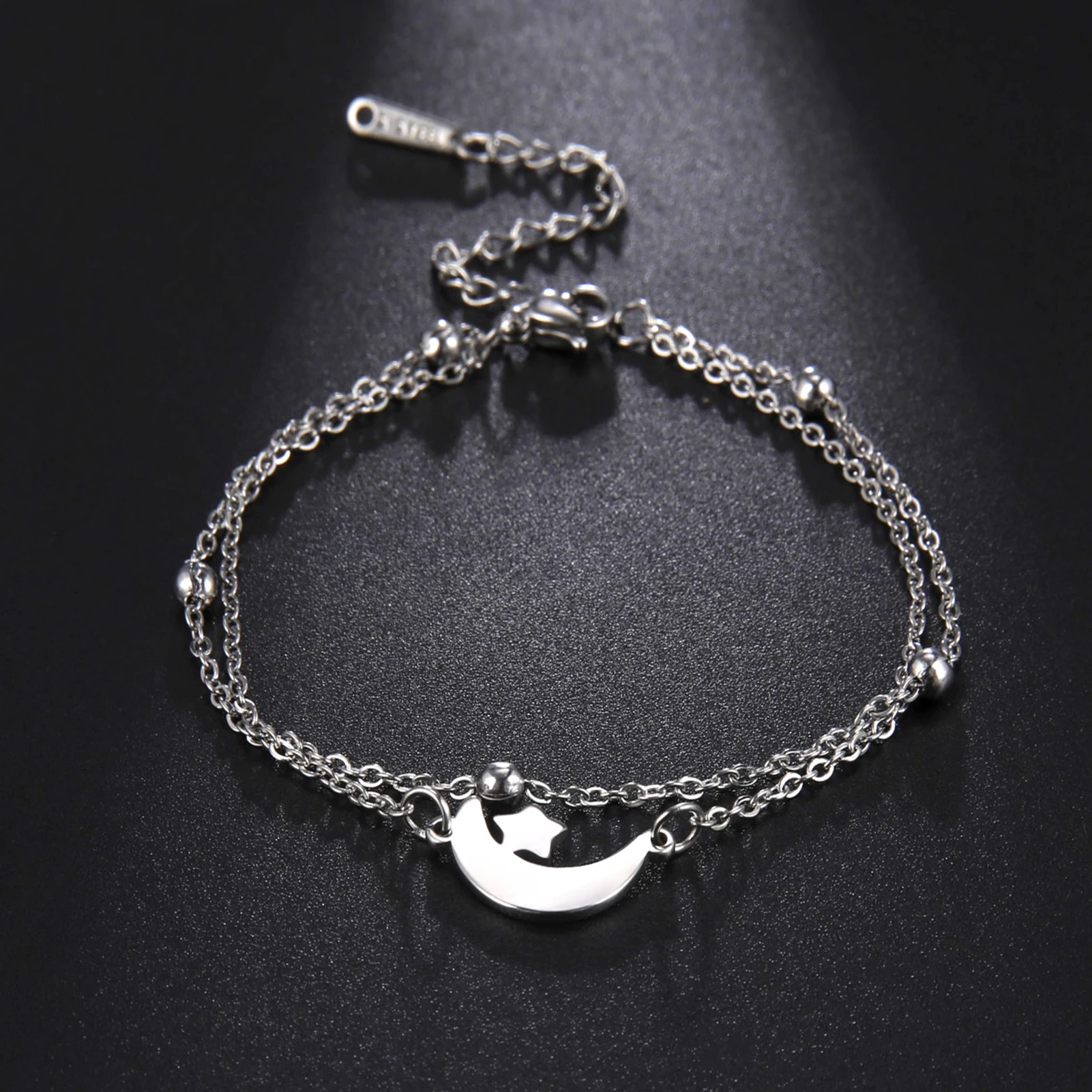 Kkjoy Armbänder Von Frauen Silber Farbe Edelstahl Doppel Mond Kette Stern Perlen Armreifen Minimalistischen Weiblichen Schmuck Zubehör – Detail 31