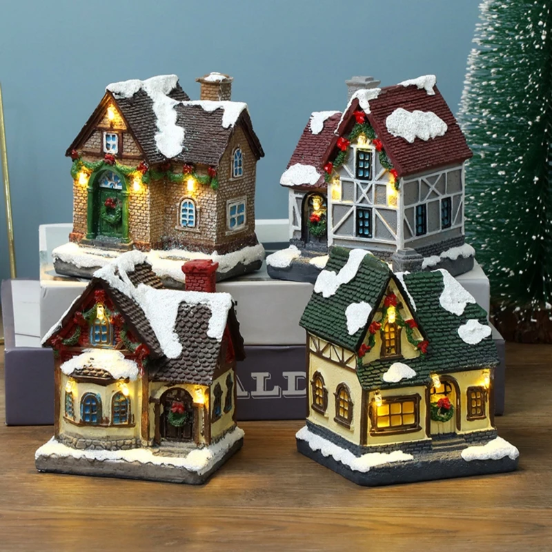 LED Resin House Village Ornaments Figurines Decoration Snow View House Holiday Christmas Glow Ornaments Gifts Party Home Decor
