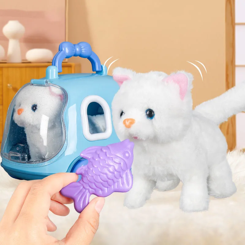 Children Play House Toys Simulation Electric Cute Kitten Handheld Cage Plush Rabbit Toys Will Bark and Jump Pet Animal