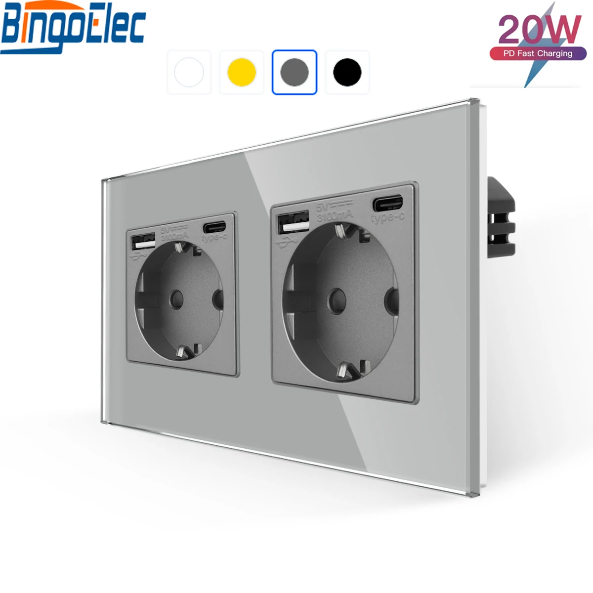 Bingoelec-tomada ue de Parede Única com Interfaces Usb tipo c 3.1a Usb Duplo Tomadas de Energia Tomadas Elétricas Triplas Painel de Vidro