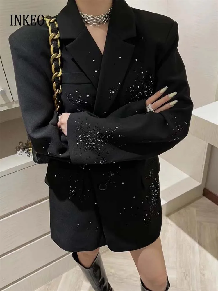 

Luxury Rhinestone Notched collar blazer for women Office lady Single breasted jacket Black white clothing 2024 New INKEO 4O028