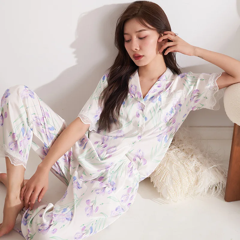 

QSROCIO Women's Spring Summer Silk Like Pajamas Iris Japonica Print Lace Sleepwear Lapel Short Sleeve Pants Home Clothes Set