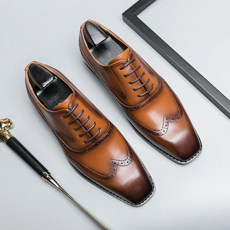 New Oxford Shoes for Men Lace-up Square Toe Black Brown Mens Dress Shoes Pu Leather Business Men Shoes 