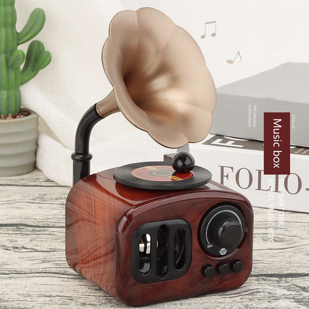 Miniature Phonograph Shape Music Box Mini Mechanism Clockwork Gramophone Musical Gift for Birthday Valentines Day Anniversary