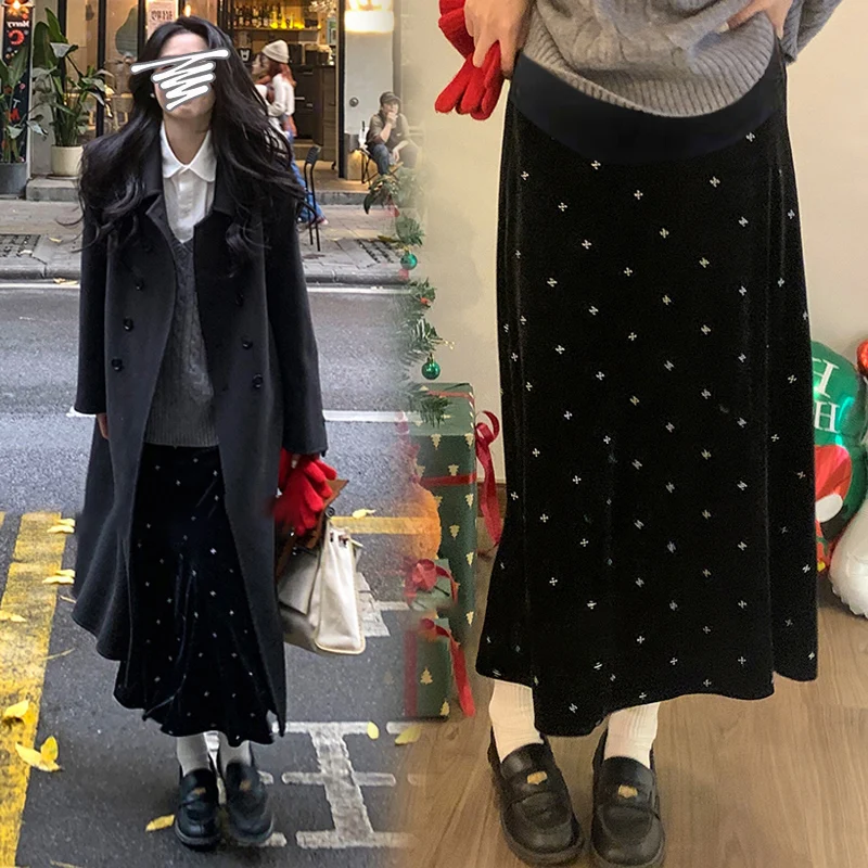 Spring Autumn Maternity Belly Skirts Fashion Stars Printing Long Loose Pregnant Woman Velour Skirt Maternity Party Clothes
