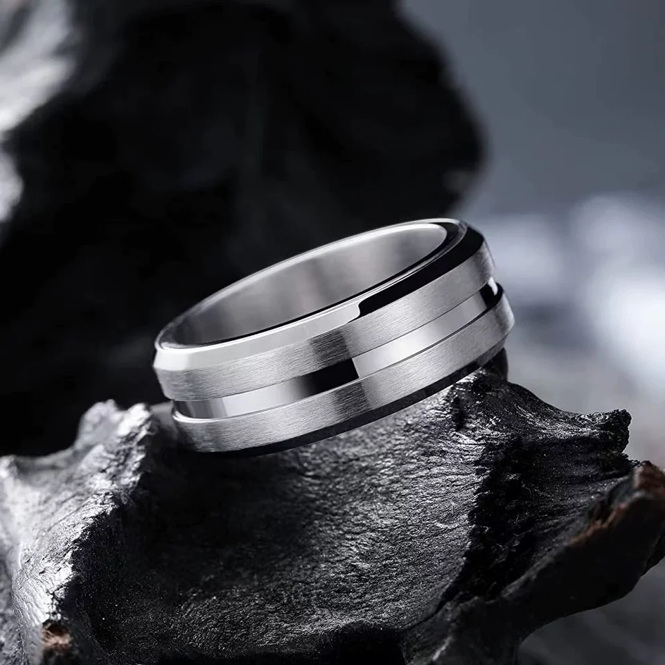 INRENG Men's 8mm Titanium Rainbow Wedding Ring - Black Matte Brushed Band With Groove, LGBT Couple Ring - View #7