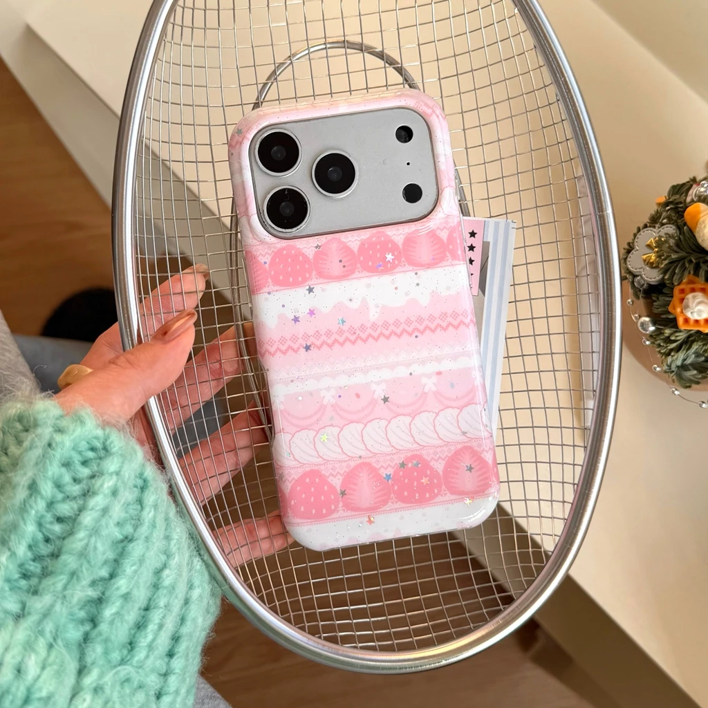 Charming Strawberry Star Glitter Shockproof Protective Phone Case - Pink Cream Edition