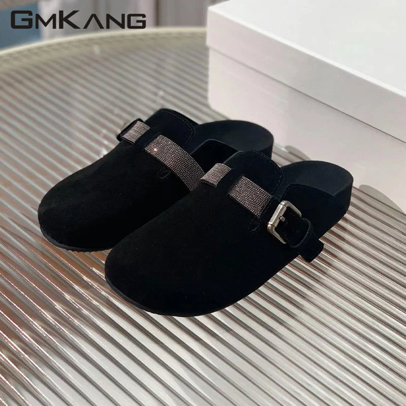 

Hot Sales Flat Slippers Woman Beading Decoration Summer Shoes Cow Suede Mules Round Toe Slides Woman Modern Slippers Women