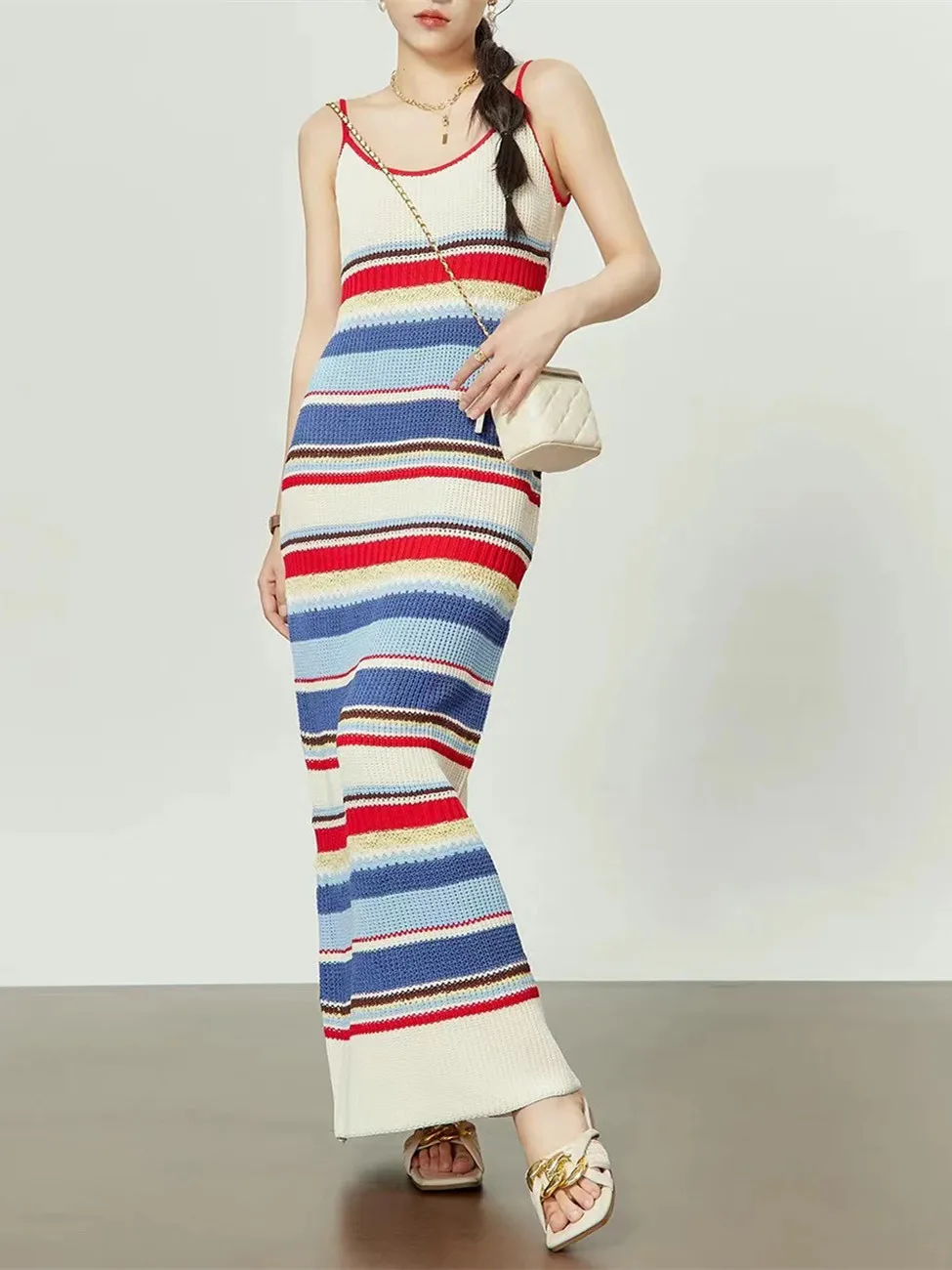 contrasting-stripes-women-fashion-slim-sling-dress-sleeveless-a-line-casual-temperament-knitted-robe-for-ladies-summer-new-2024