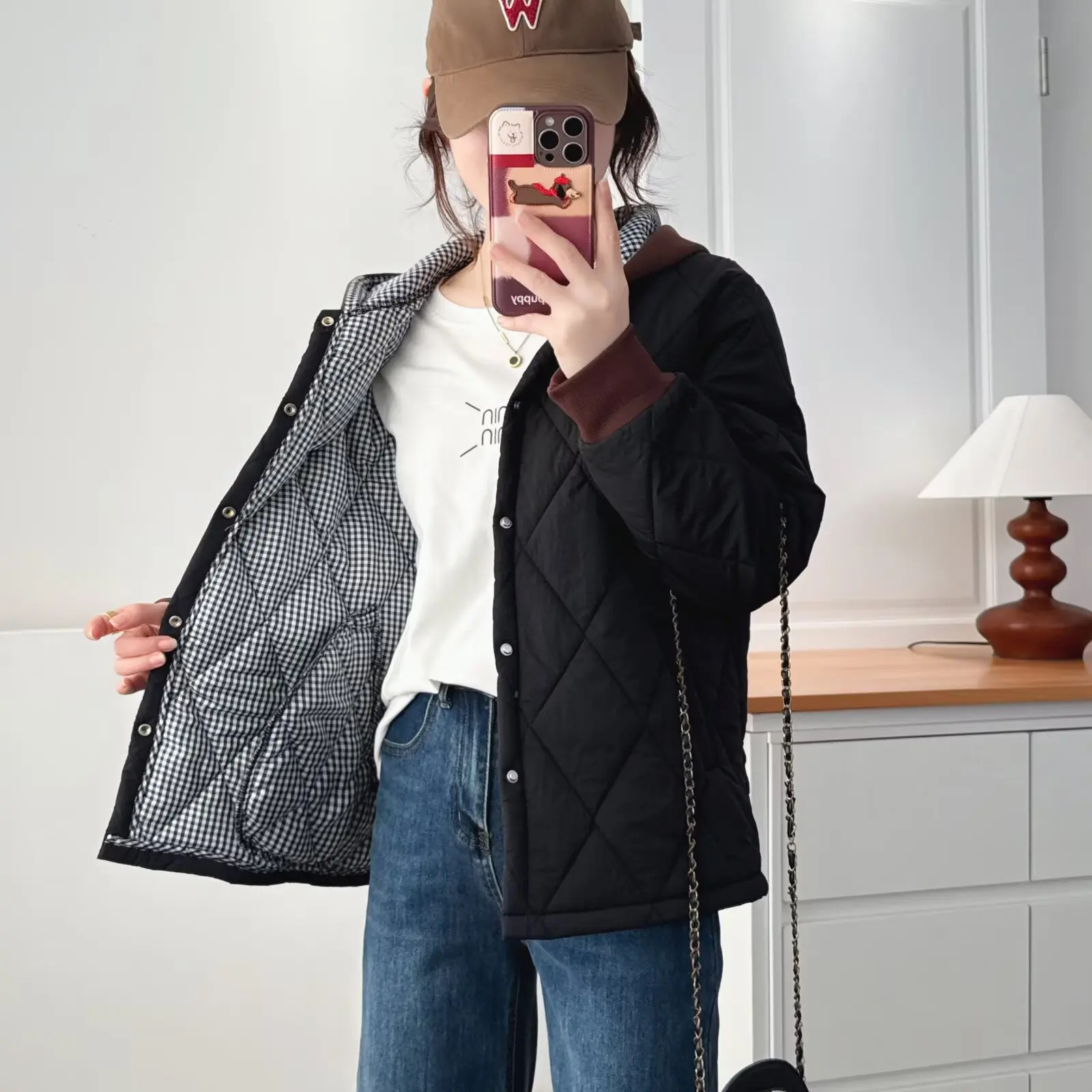 XXXXL Fashion Plus Size Women's Parkas Winter Simple And Retro Color Blocking Argyle Hooded Padded Jacket Casual Warm Coats 2519