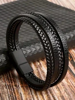 1pc Brown Four -layer PU Leather Bracelet, Men's Bracelet, Showing Men's Charm