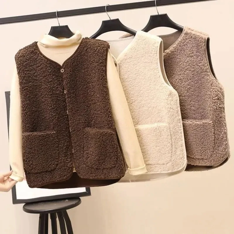 

Lamb's Fleece Vests Jacket New Spring Autumn Women Button Waistcoat Winter Warm Fleece Sleeveless Outwear Female